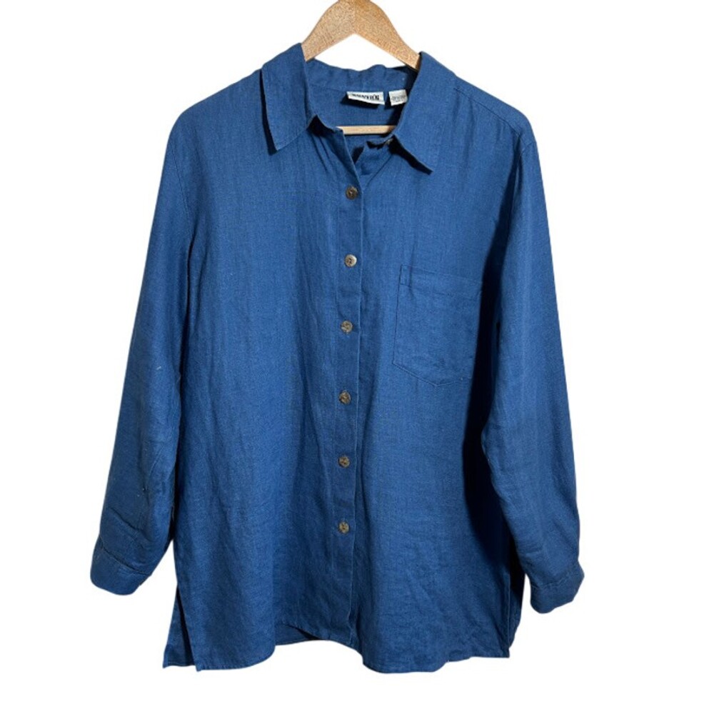 Chicos 100% Linen Button Up Tunic Top 2 M Blue Long Sleeve Oversized Lagenlook
